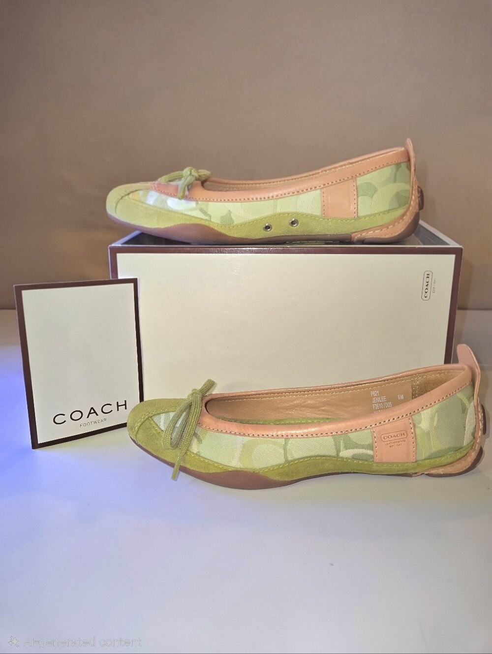 Coach Green and Cream Signature Bow Ballet Flats with Tan Leather Trim.